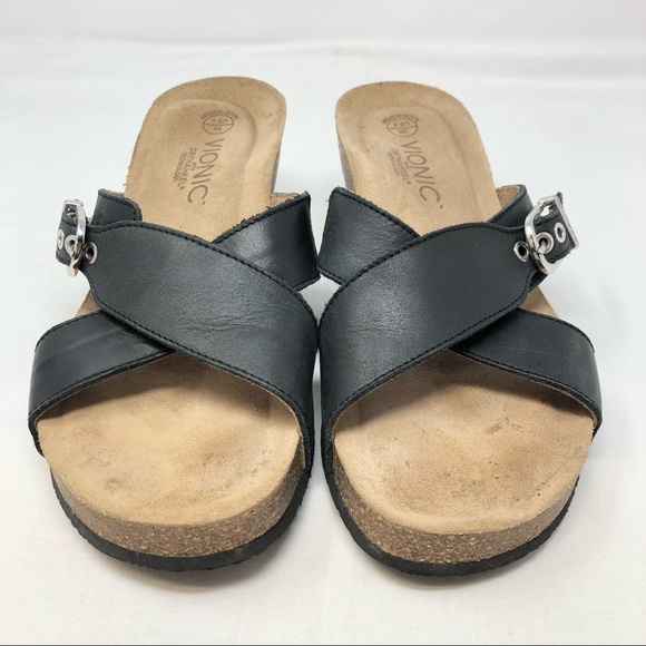 Vionic Black Leather Mallorca Slide Wedge Sandals - Picture 2 of 7